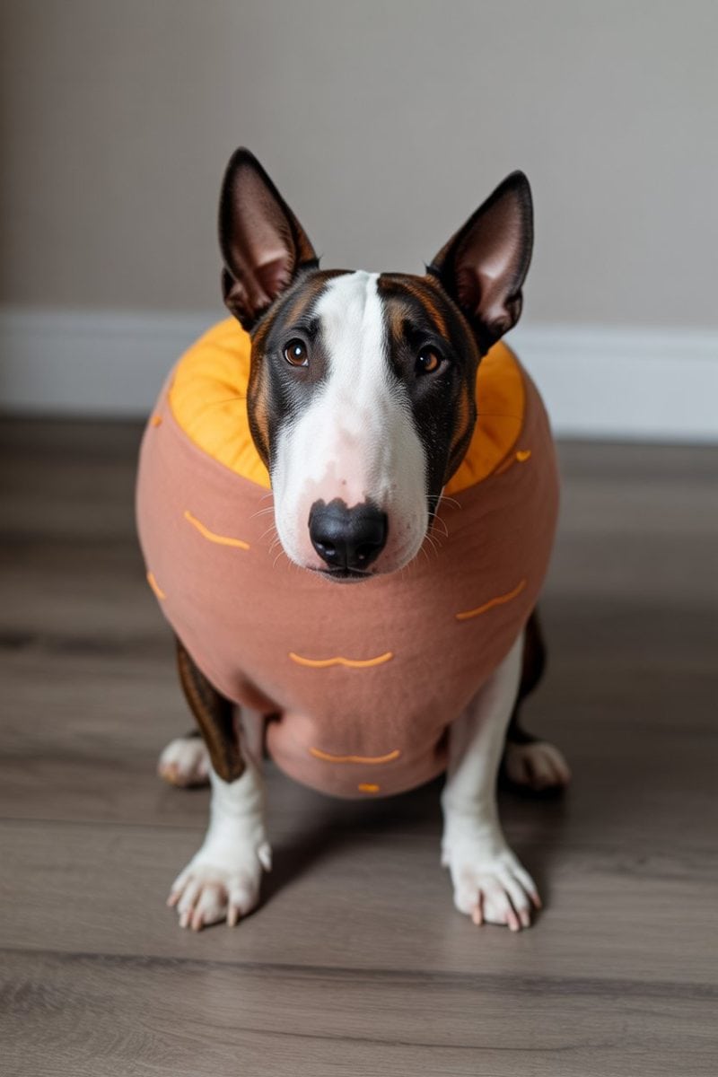 A Bull Terrier wearing a sweet potato costume.