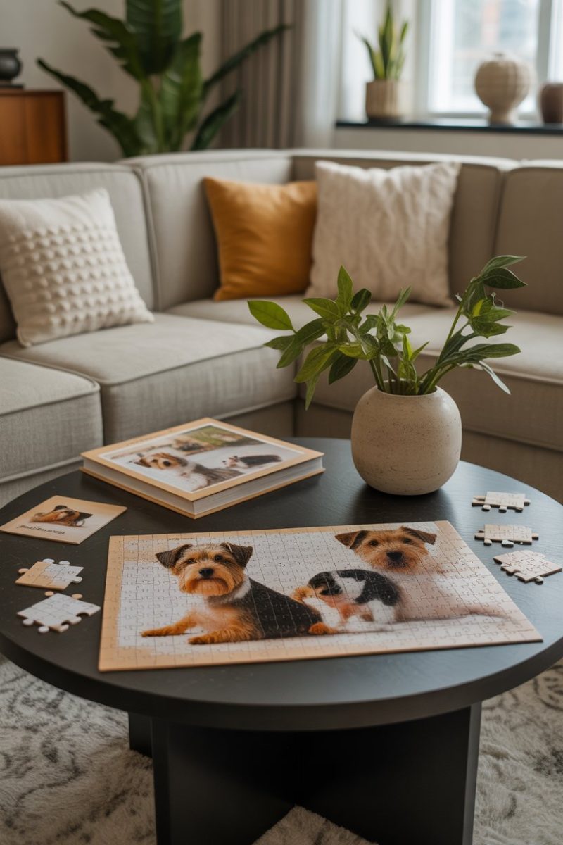A round black coffee table in the foreground displays an unfinished jigsaw puzzle of Yorkshire Terrier dogs, with puzzle pieces scattered around the partially completed image.