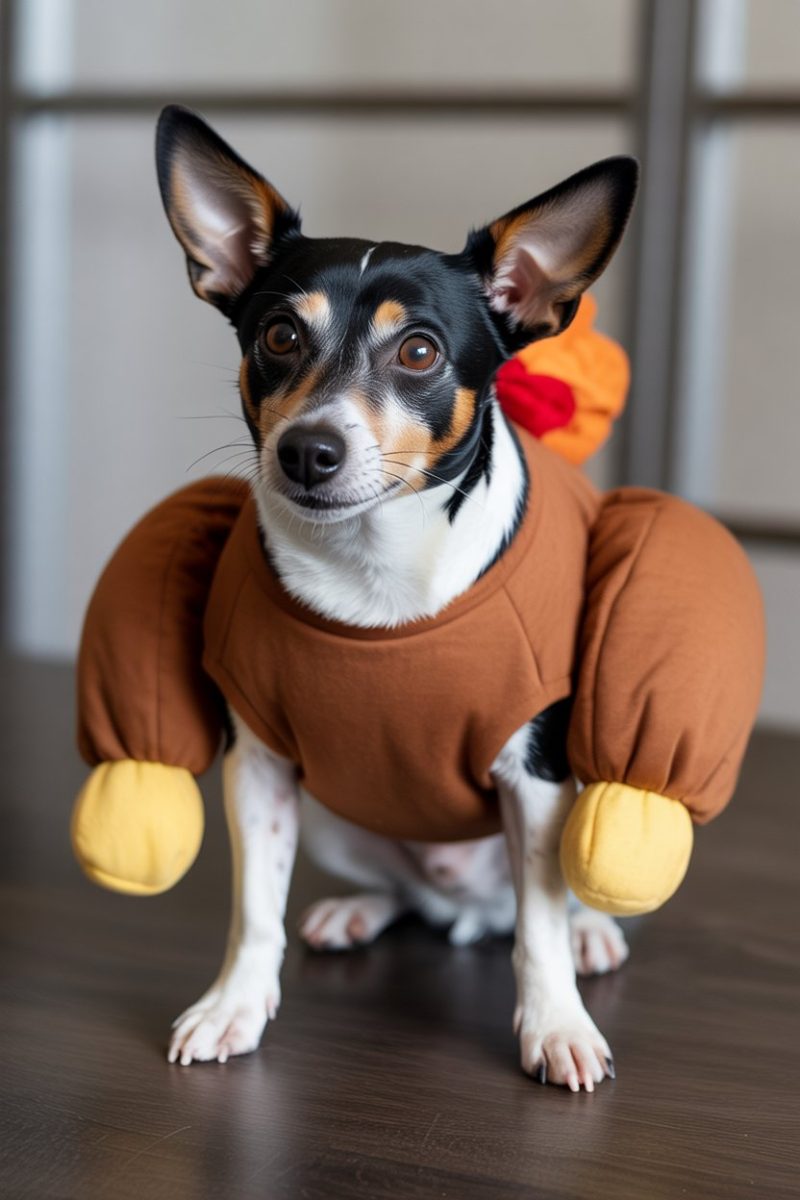 A Rat Terrier dog wearing a brown padded costume with yellow arm caps.