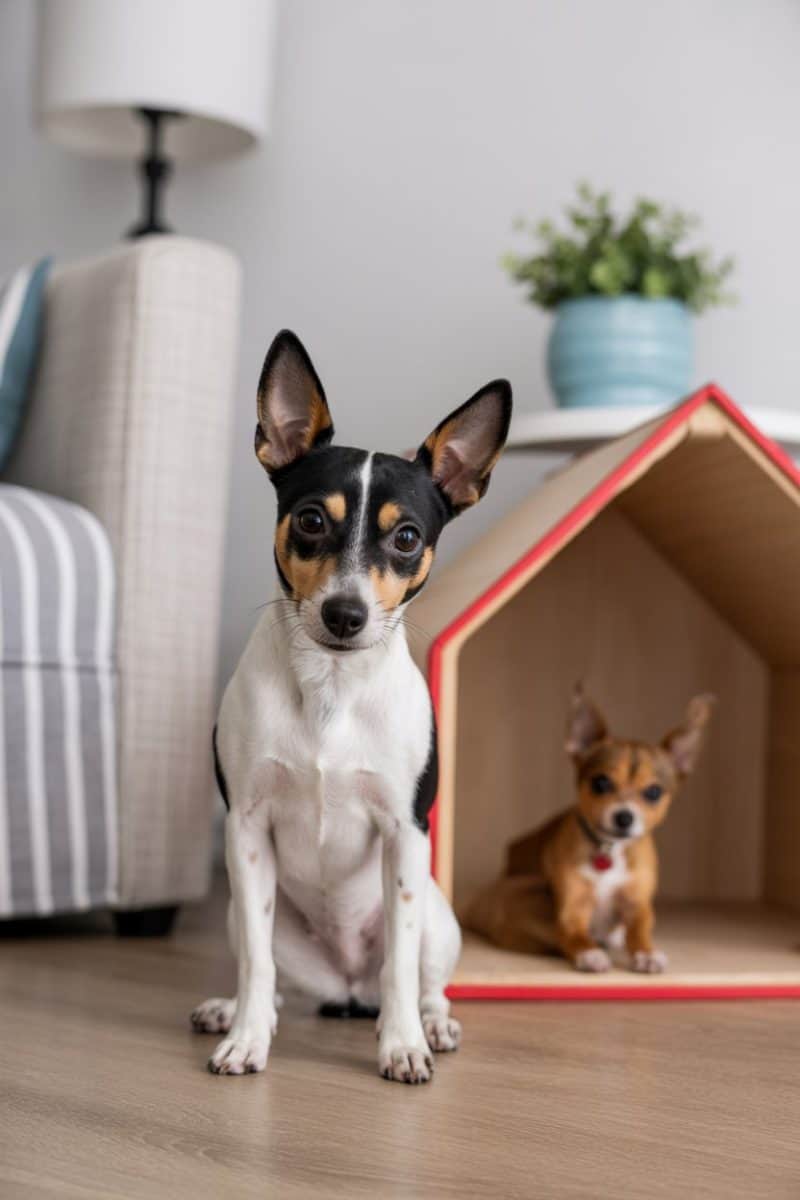 Two dogs in a modern living room setting.