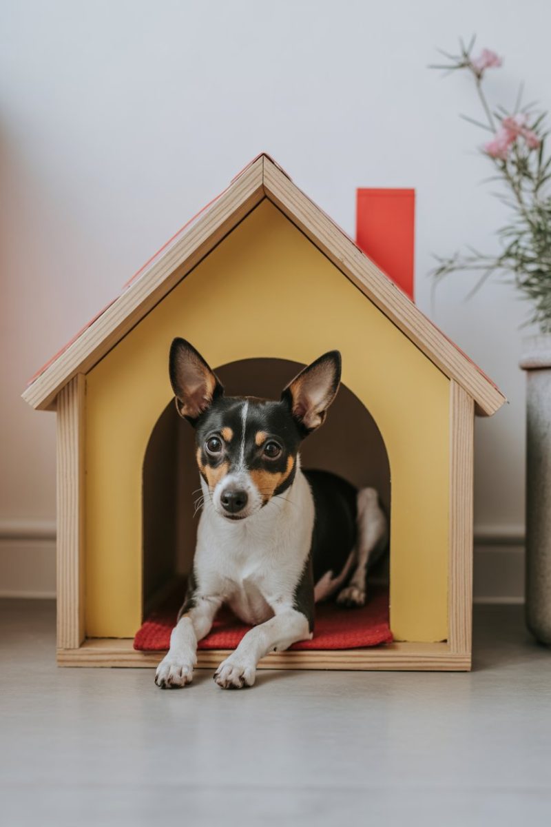 A Rat Terrier dog lying inside a yellow wooden doghouse with a red chimney.