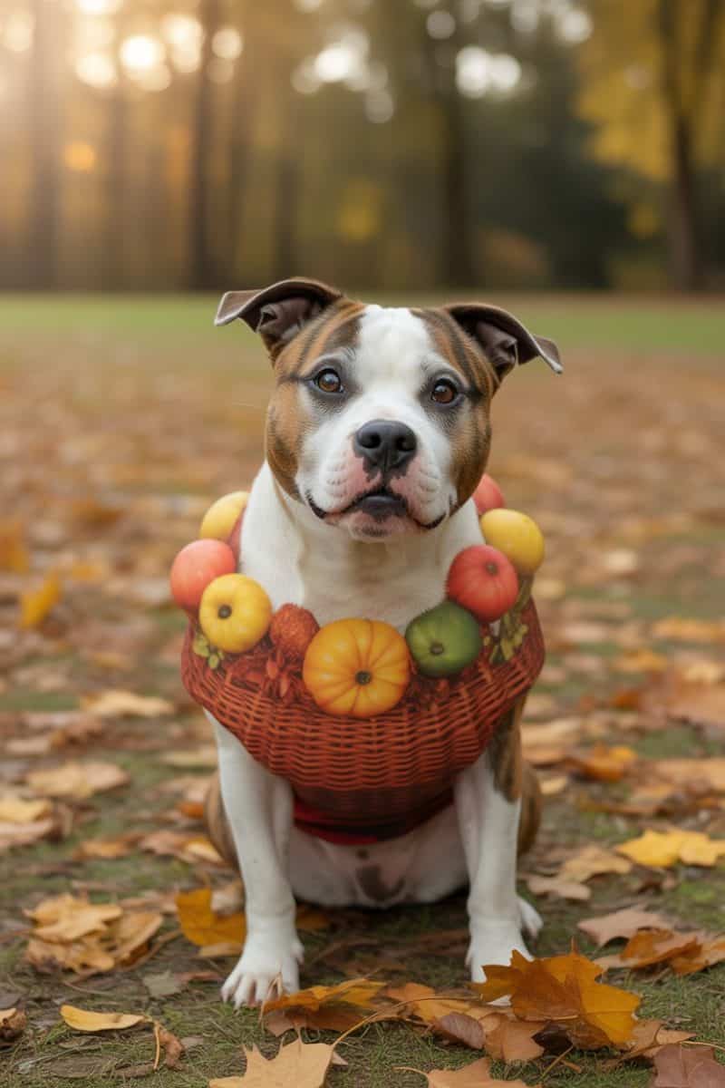 An American Staffordshire Terrier sitting on autumn leaves wearing a bountiful basket inspired outfit.