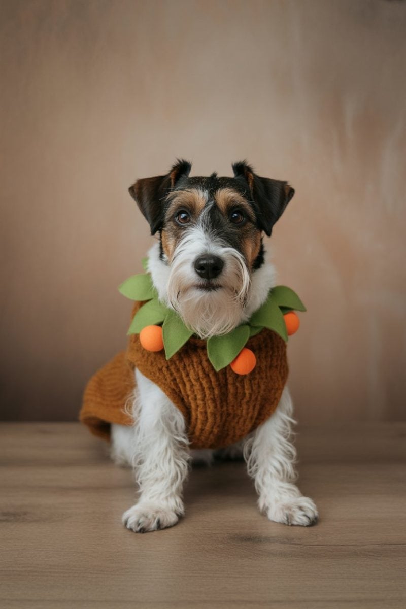 A Jack Russell Terrier dog wearing a brown knitted sweater with decorative green leaves and orange pom-poms along the collar.