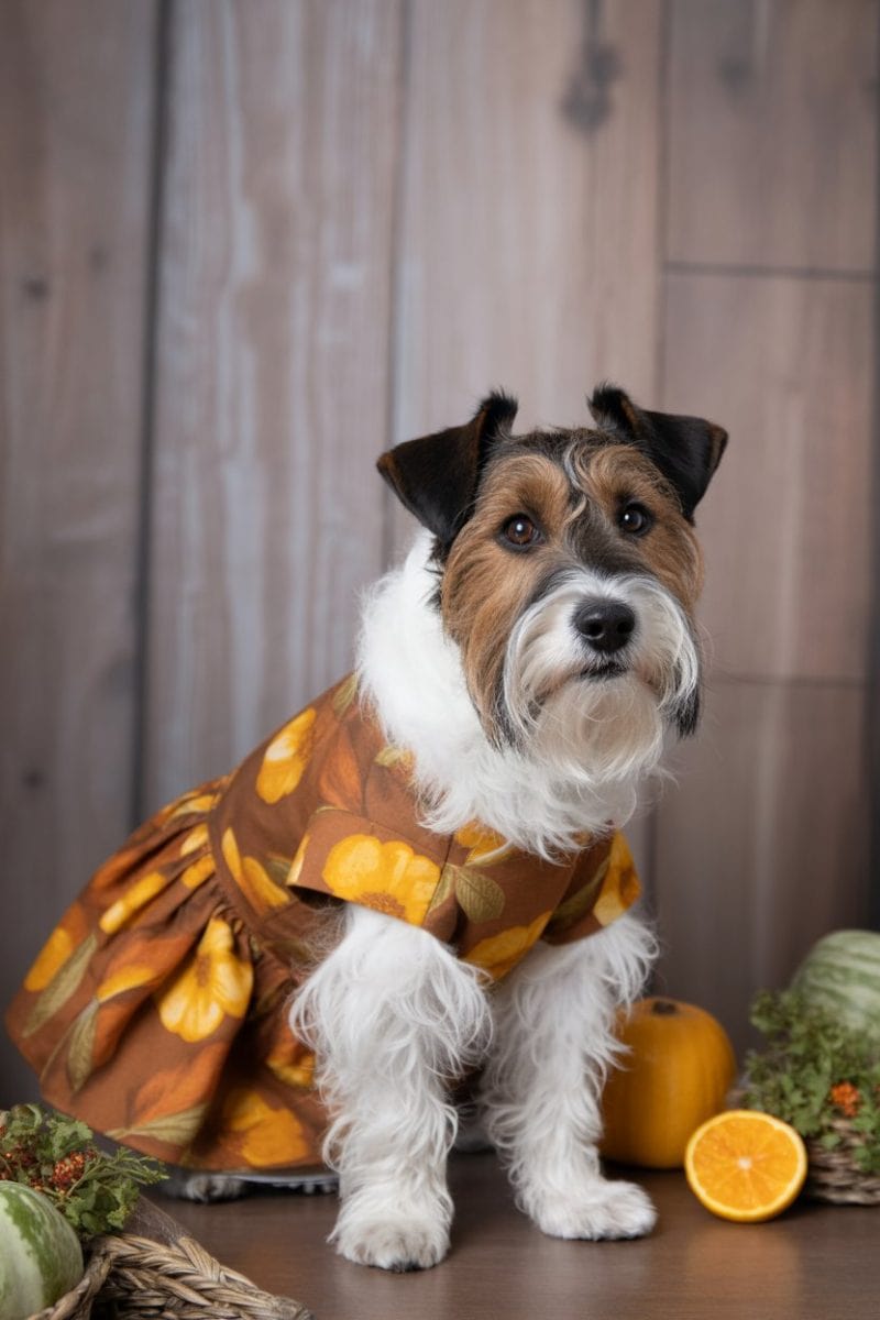 A Jack Russell Terrier wearing a brown dress with yellow floral patterns.