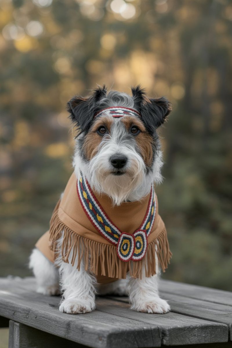 A Jack Russell Terrier wearing a Native American-style fringe vest.