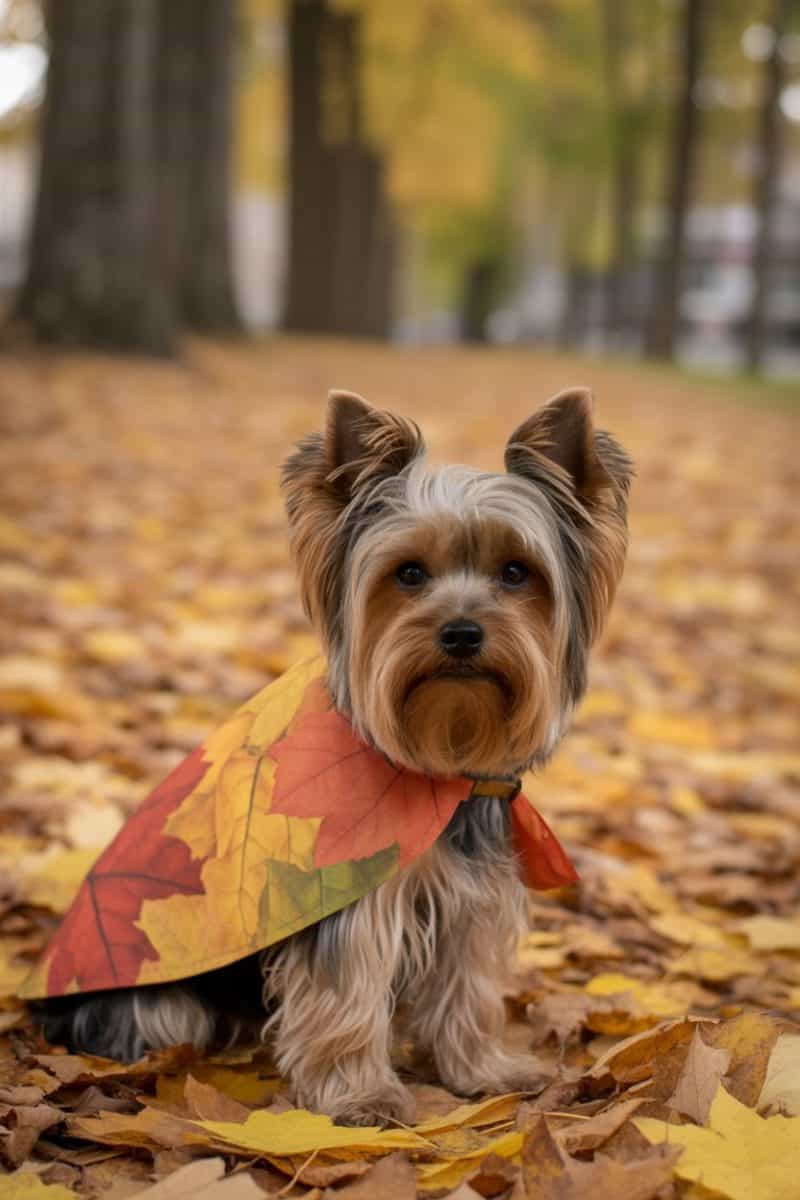 A Yorkshire Terrier sitting on a bed of fallen autumn leaves wearing a decorative bandana made of red and yellow maple leaves.