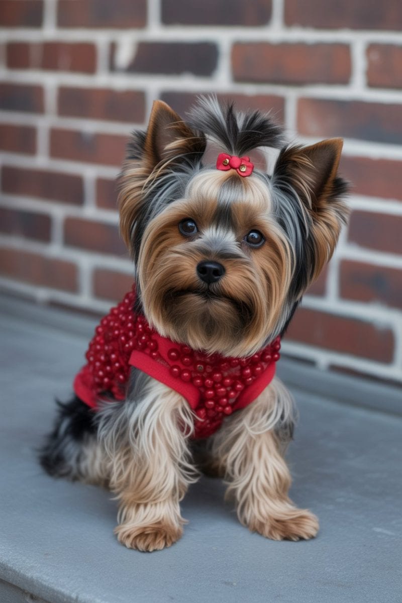 A Yorkshire Terrier sitting upright wearing a red pearl-adorned sweater with a high collar.