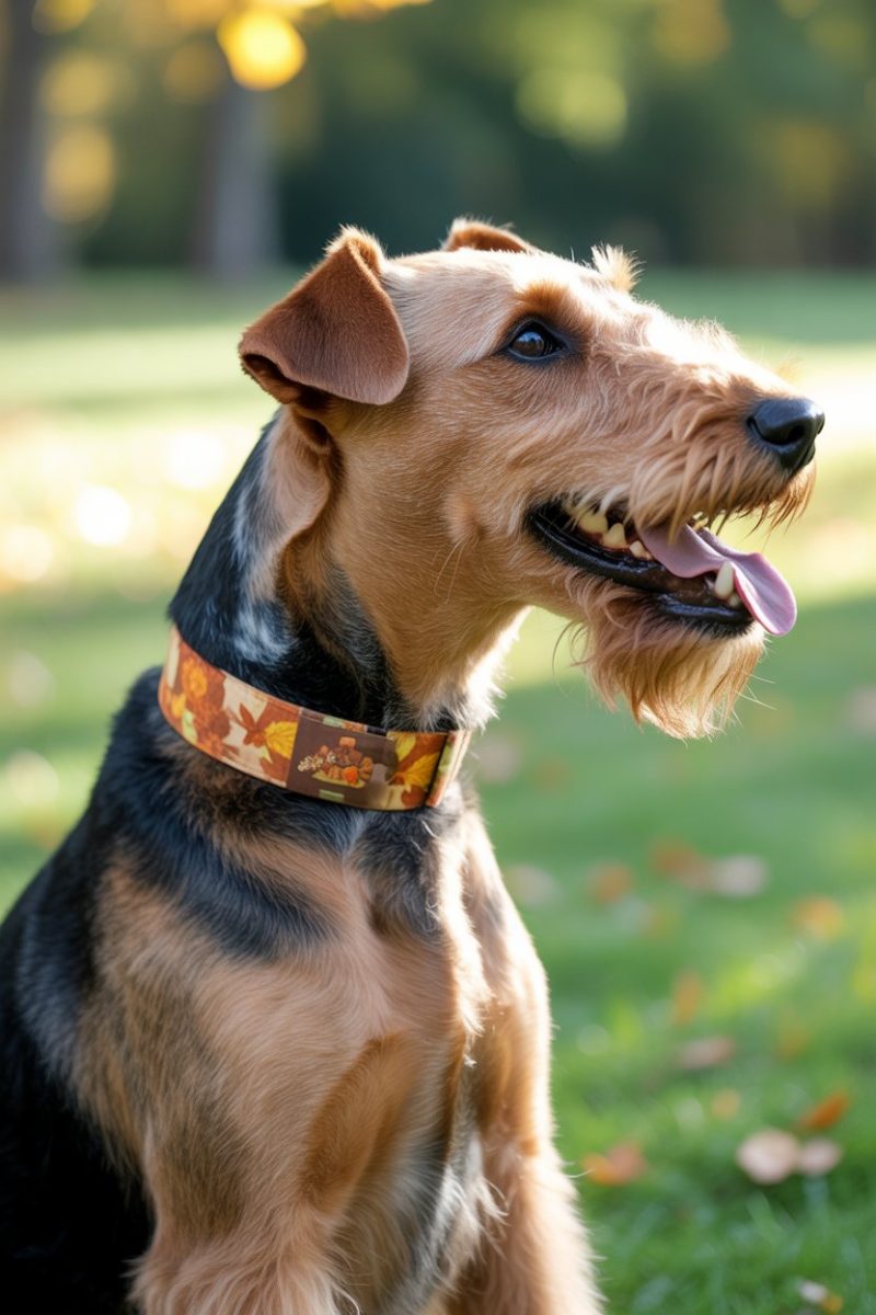 An Irish Terrier dog wearing a decorative collar with an orange and brown pattern featuring autumn leaves.