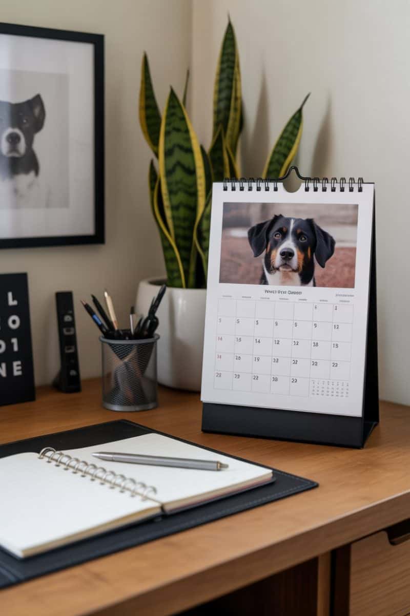 A well-lit home office desk scene with a black and white dog calendar as the focal point.