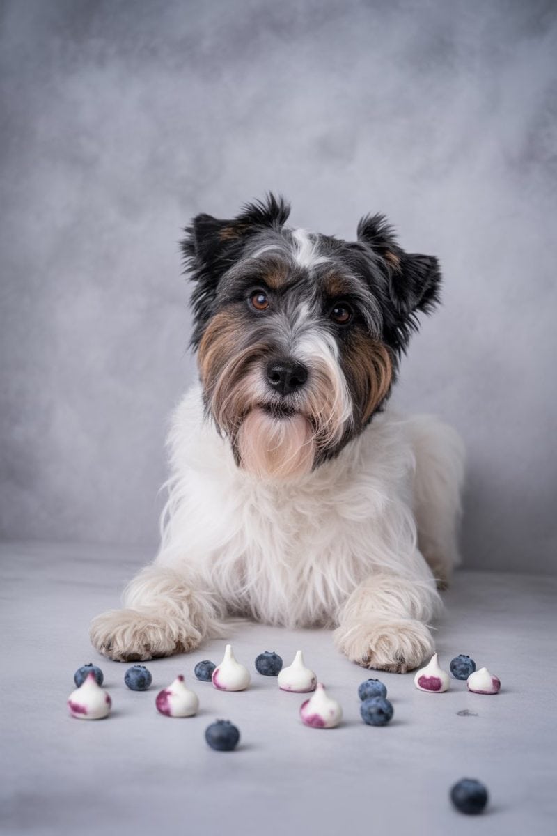 A Jack Russell Terrier mix dog lying down with blueberries and yogurt candies scattered around.