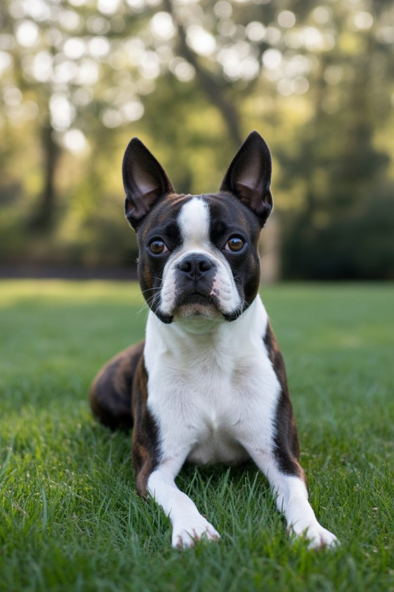 A Boston Terrier lying on green grass in a natural outdoor setting.