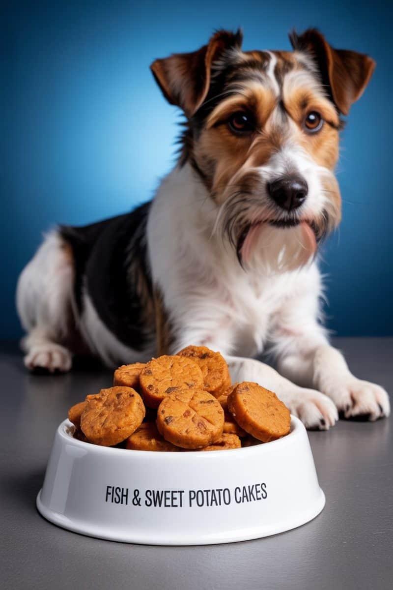 A Jack Russell Terrier dog and dog treats against a dark blue gradient background.