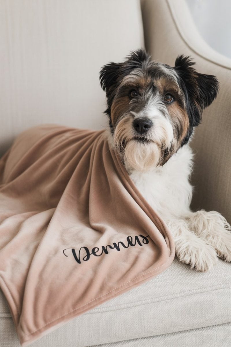 A mixed-breed dog lying on a beige couch, covered with a light pink blanket.