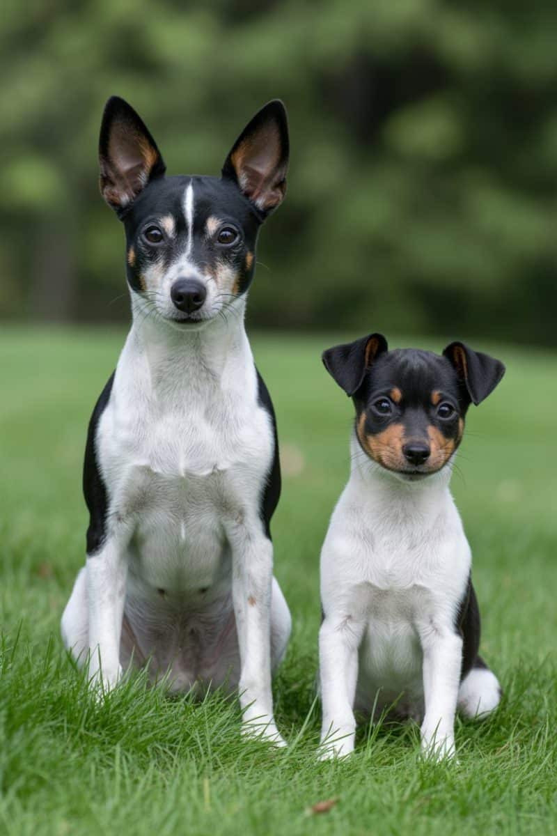 Two Rat Terrier dogs sitting side by side on green grass.