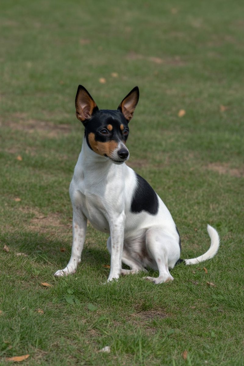 A Rat Terrier dog sitting alertly on green grass.