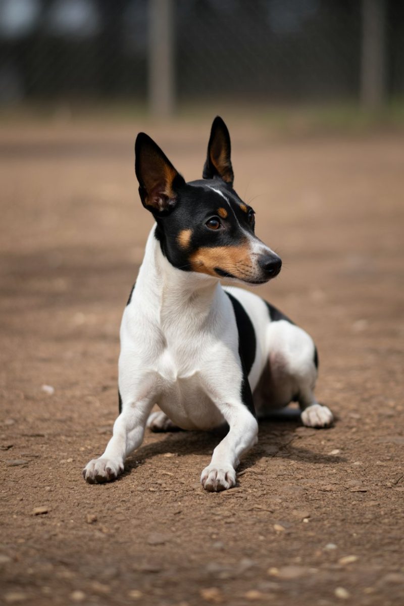 A Rat Terrier dog lying on brown dirt ground.