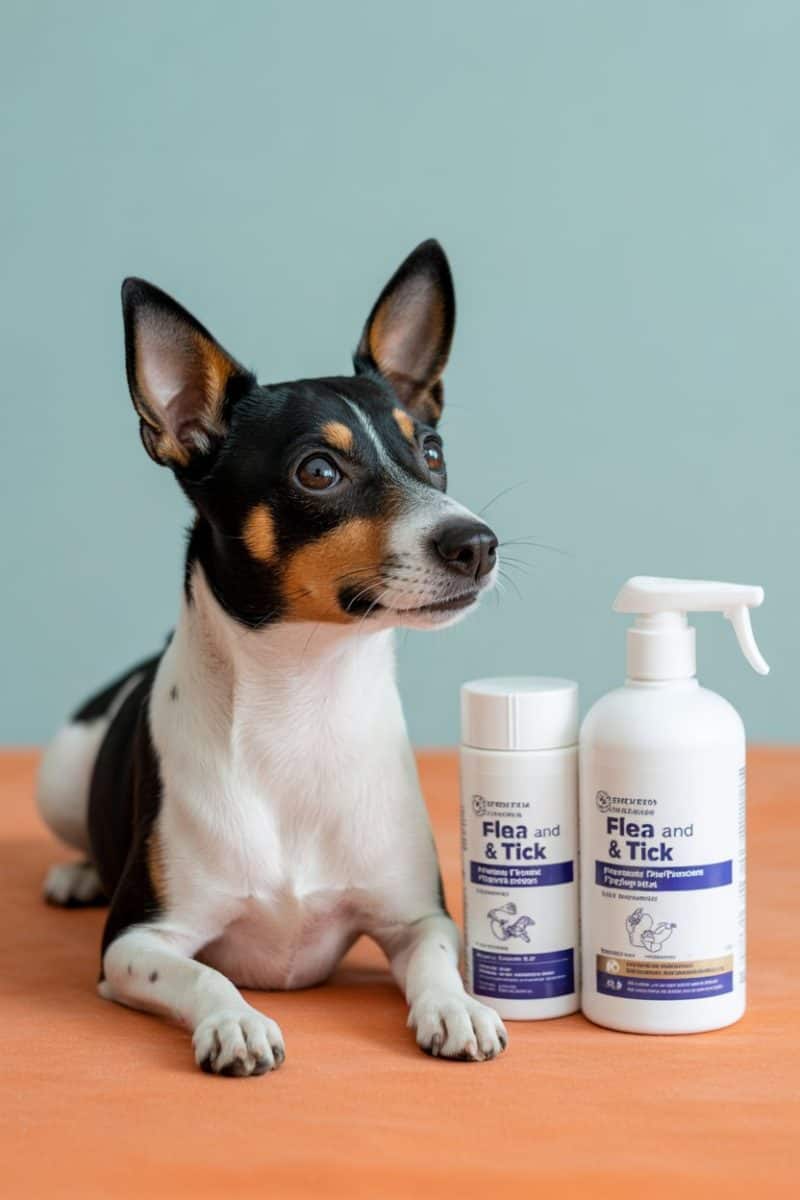 A Rat Terrier dog and pet care products against a mint green background.