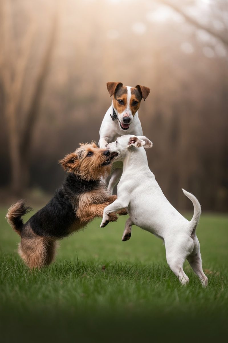 Three dogs playing on green grass in a natural outdoor setting.