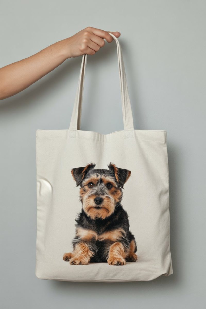A product photo of a white canvas tote bag with a Yorkshire Terrier dog printed on the front.