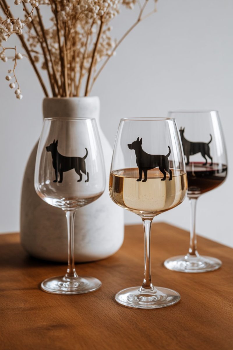 A product photography setup featuring three wine glasses with dog silhouettes on a wooden table. 