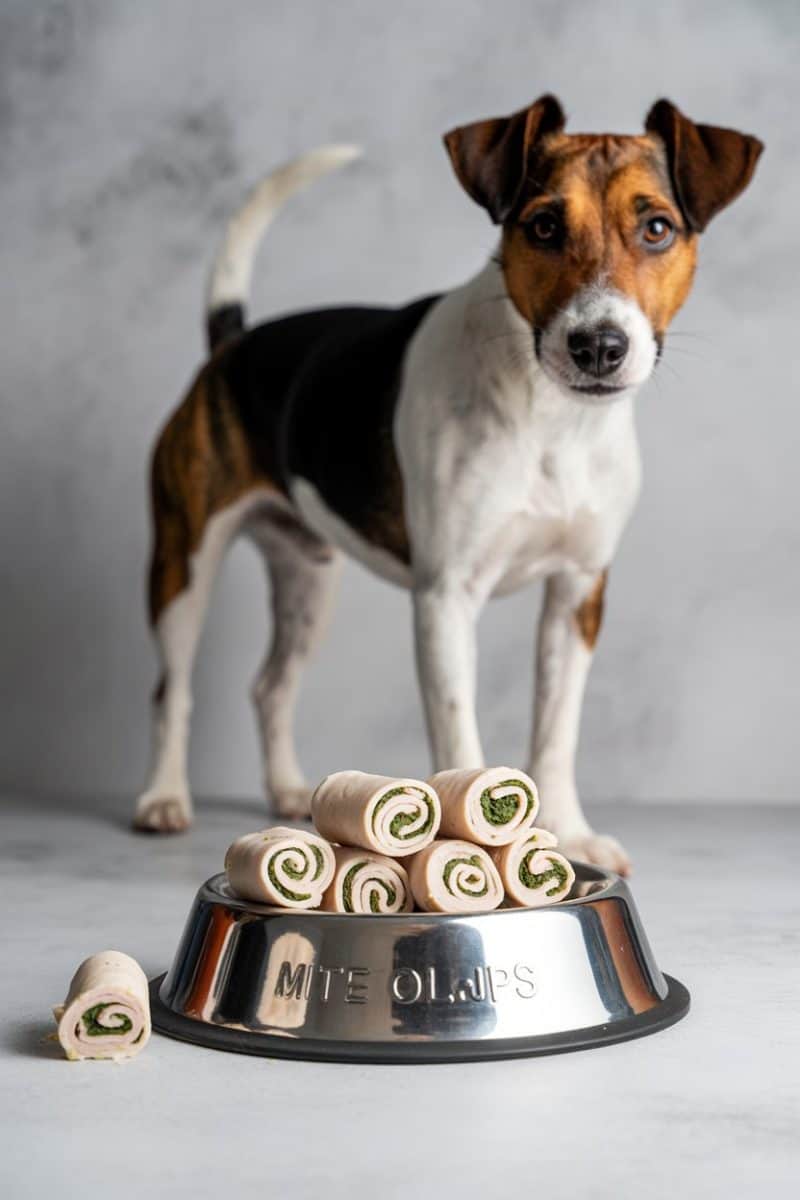 A Jack Russell Terrier dog standing alertly behind a stainless steel dog food bowl.