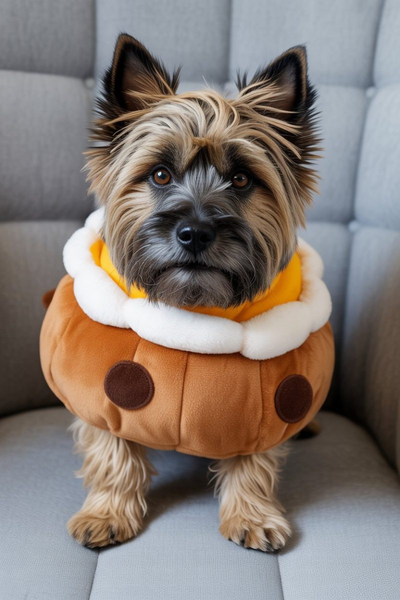 A Yorkshire Terrier wearing a brown and white plush costume that resembles a Thanksgiving stuffing.