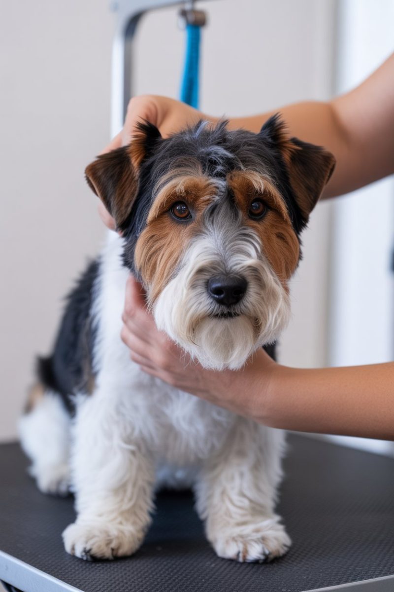 A Jack Russell Terrier mix dog on a black textured grooming table.