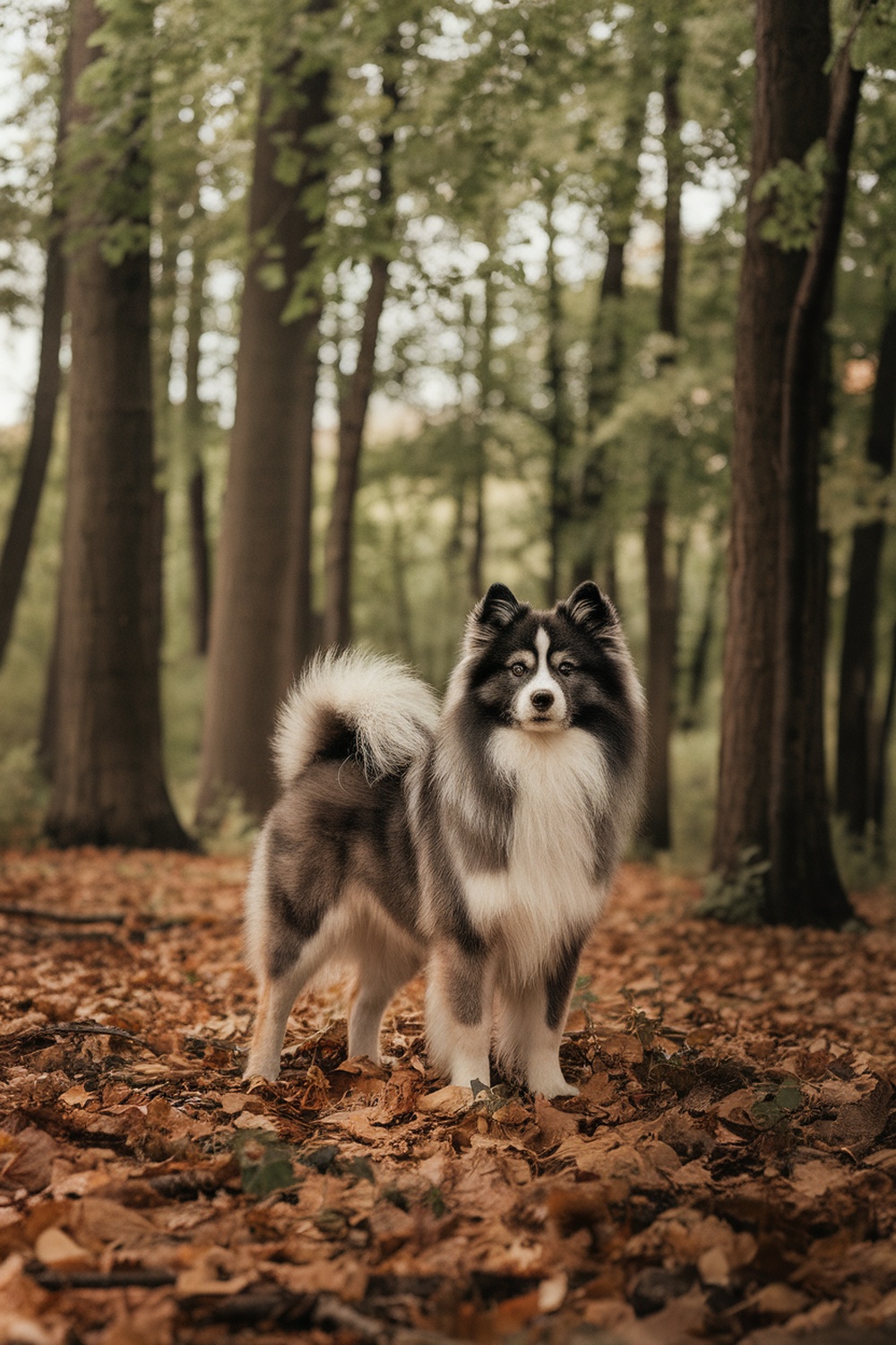 A fluffy Kishu Ken standing in a forest setting, surrounded by autumn leaves.