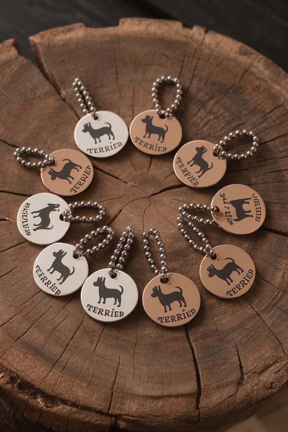 Customized dog tags for terriers displayed on a wooden surface.