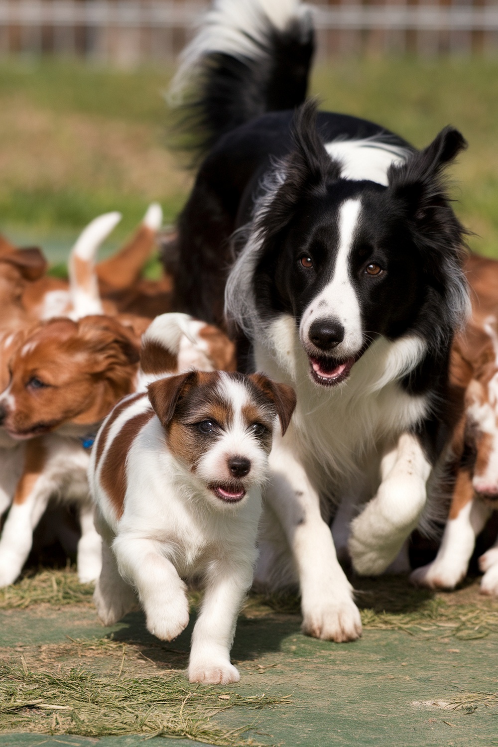 A Border Collie and a small Terrier mix running together with other puppies.