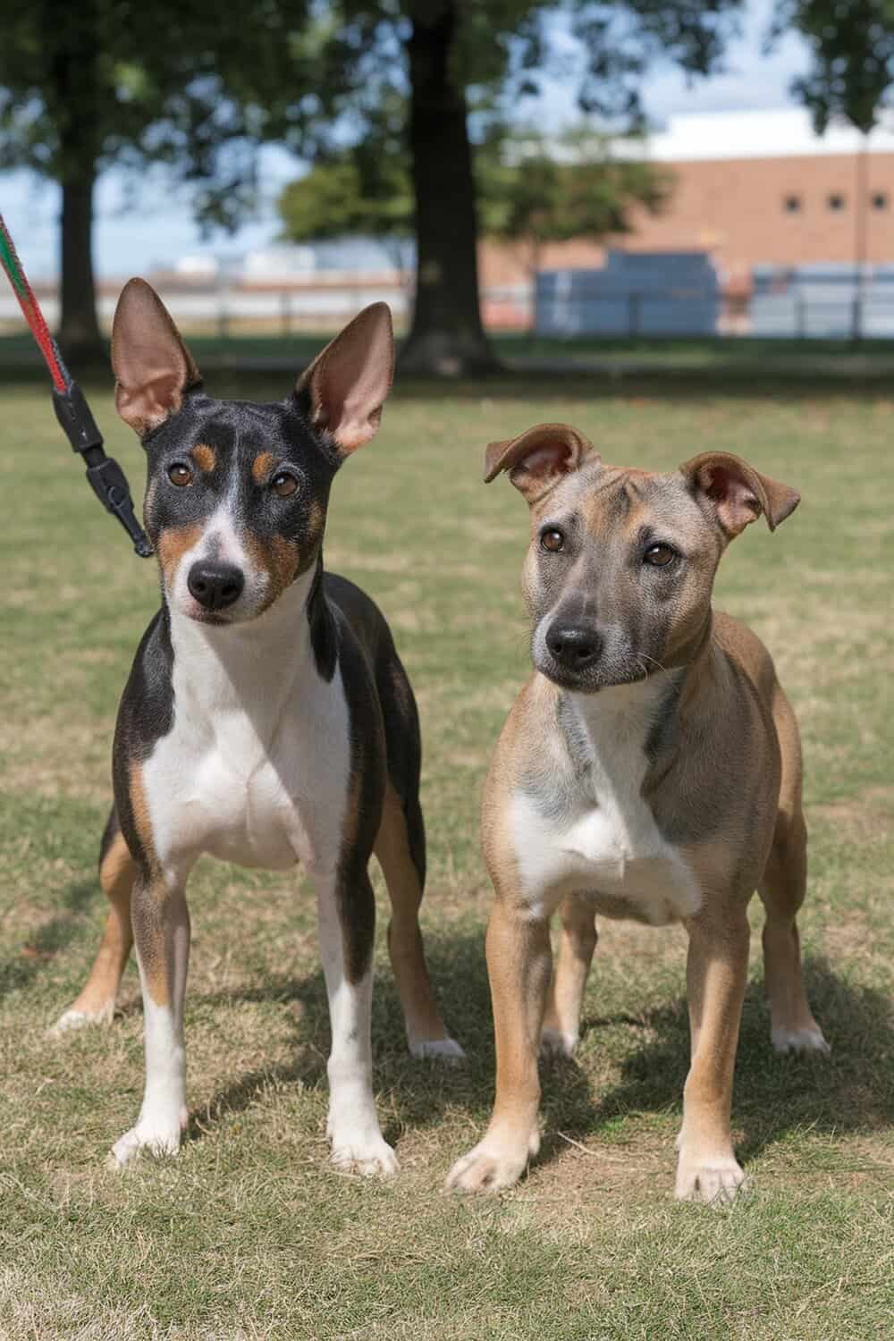 Two Rat Terriers standing on grass, one black and white, the other tan.