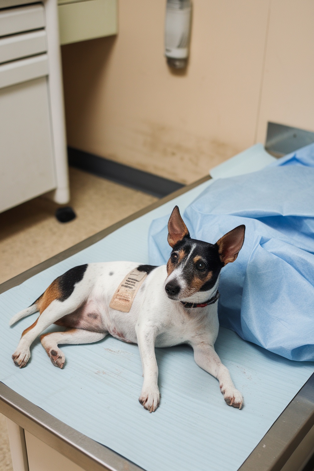 A Rat Terrier lying on a veterinary examination table.