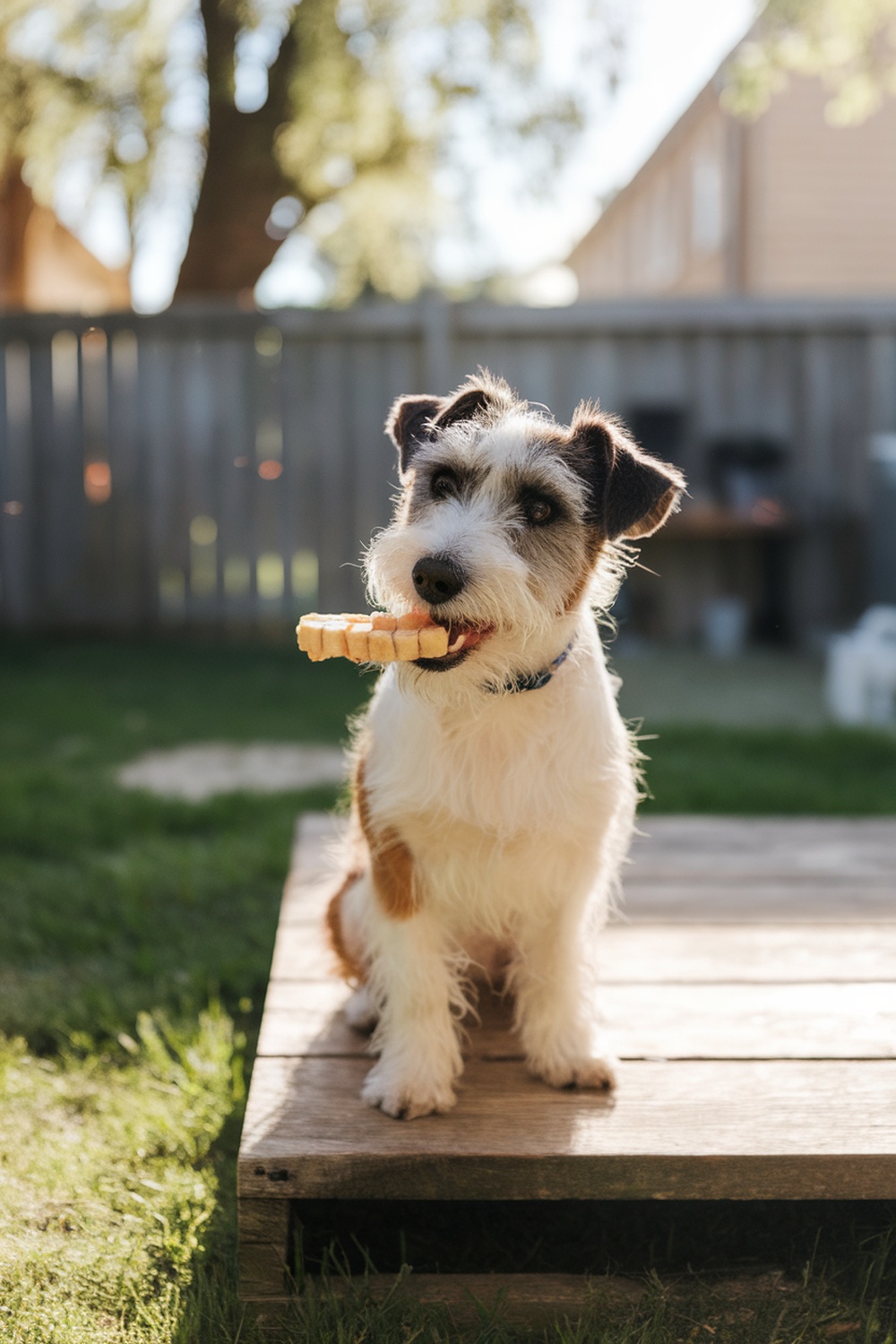 A Terrier dog holding a treat in its mouth, looking happy.
