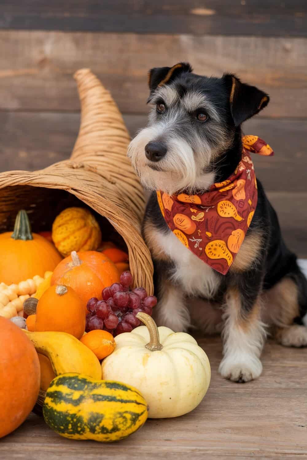 A terrier wearing a festive Thanksgiving bandana, surrounded by pumpkins and gourds.