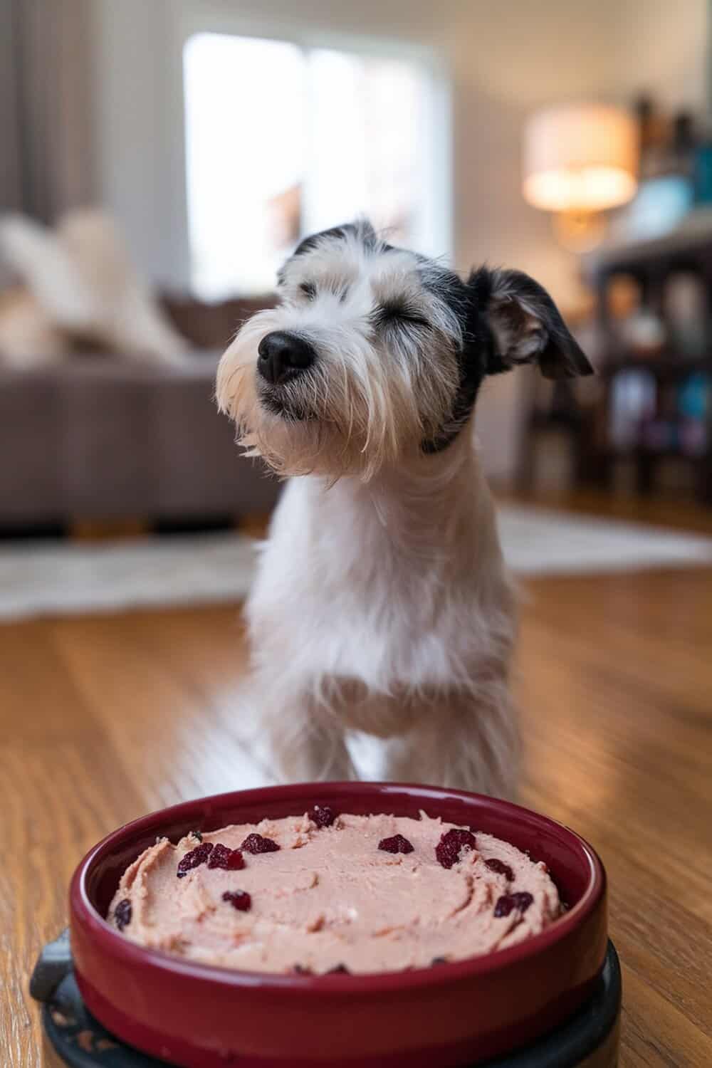 A terrier dog looking at a bowl of turkey and cranberry pâté.