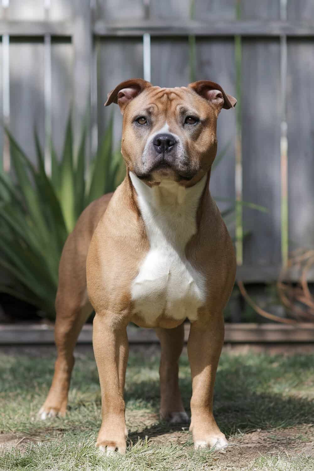An American Staffordshire Terrier standing confidently in a yard.