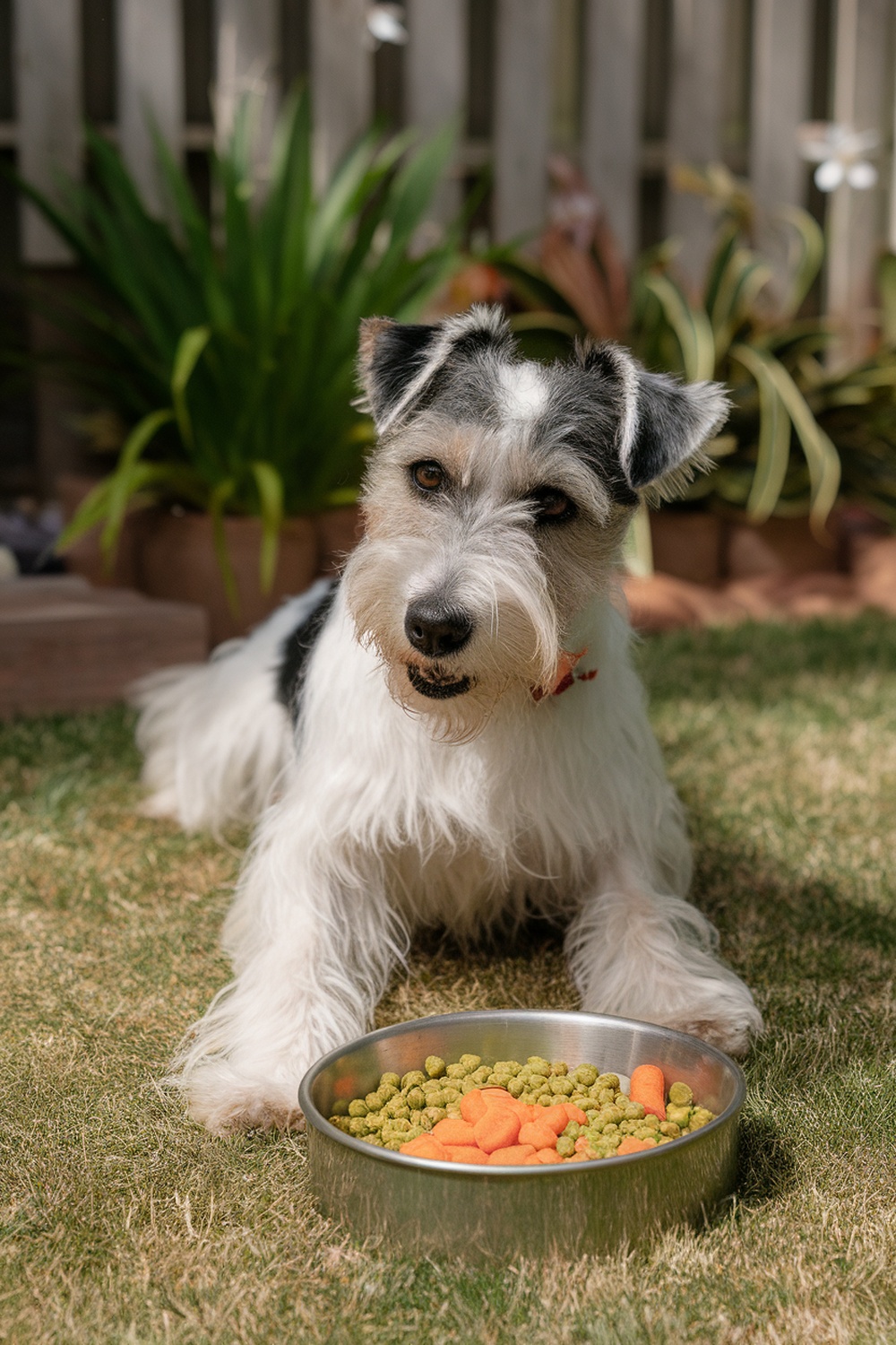A Terrier dog sitting on grass with a bowl of green and orange dog food.