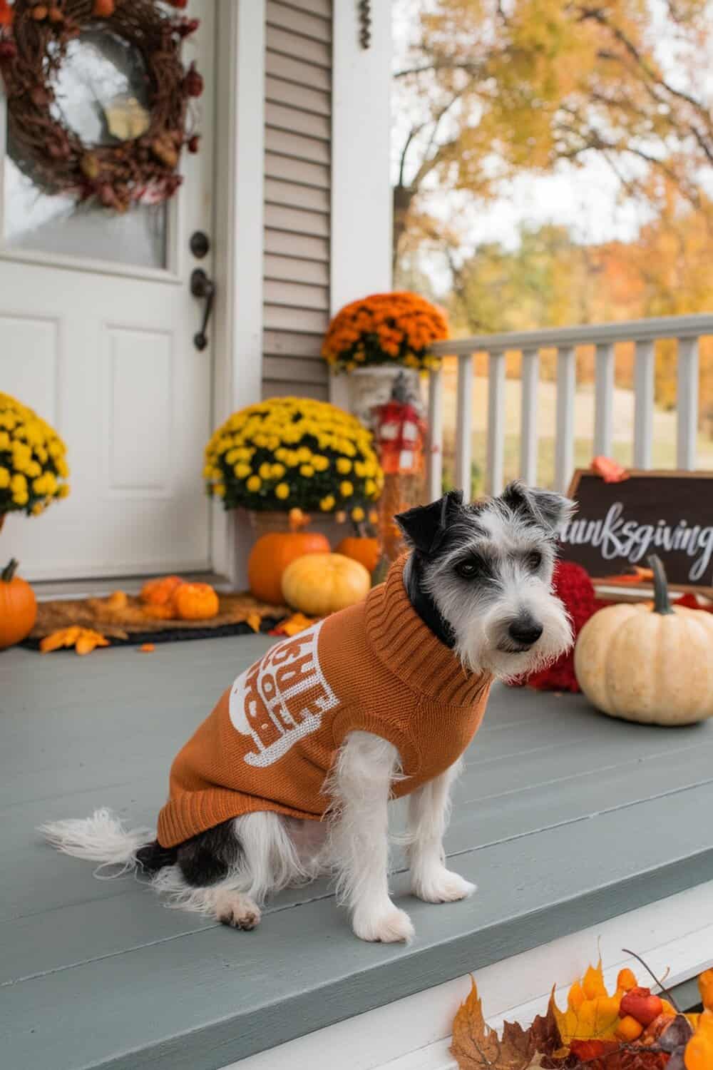A terrier wearing a pumpkin spice sweater sitting on a porch decorated for Thanksgiving.