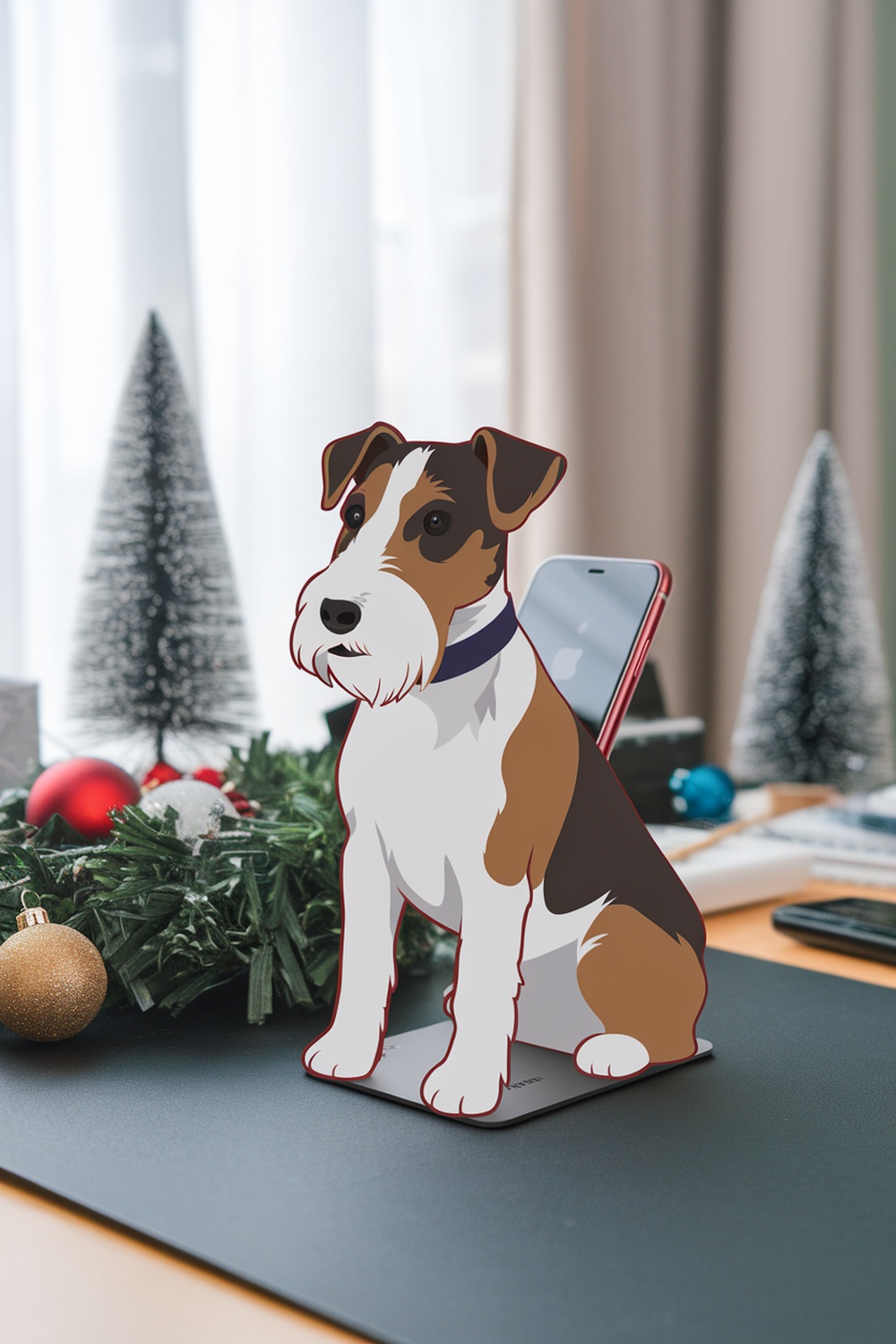 A terrier breed phone stand with a phone resting on it, surrounded by Christmas decorations.
