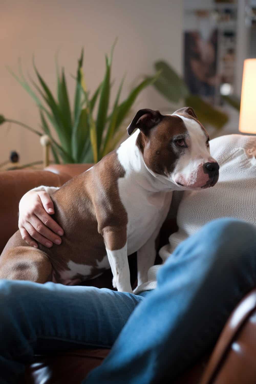 A Staffordshire Bull Terrier sitting on a person's lap, looking calm and affectionate.