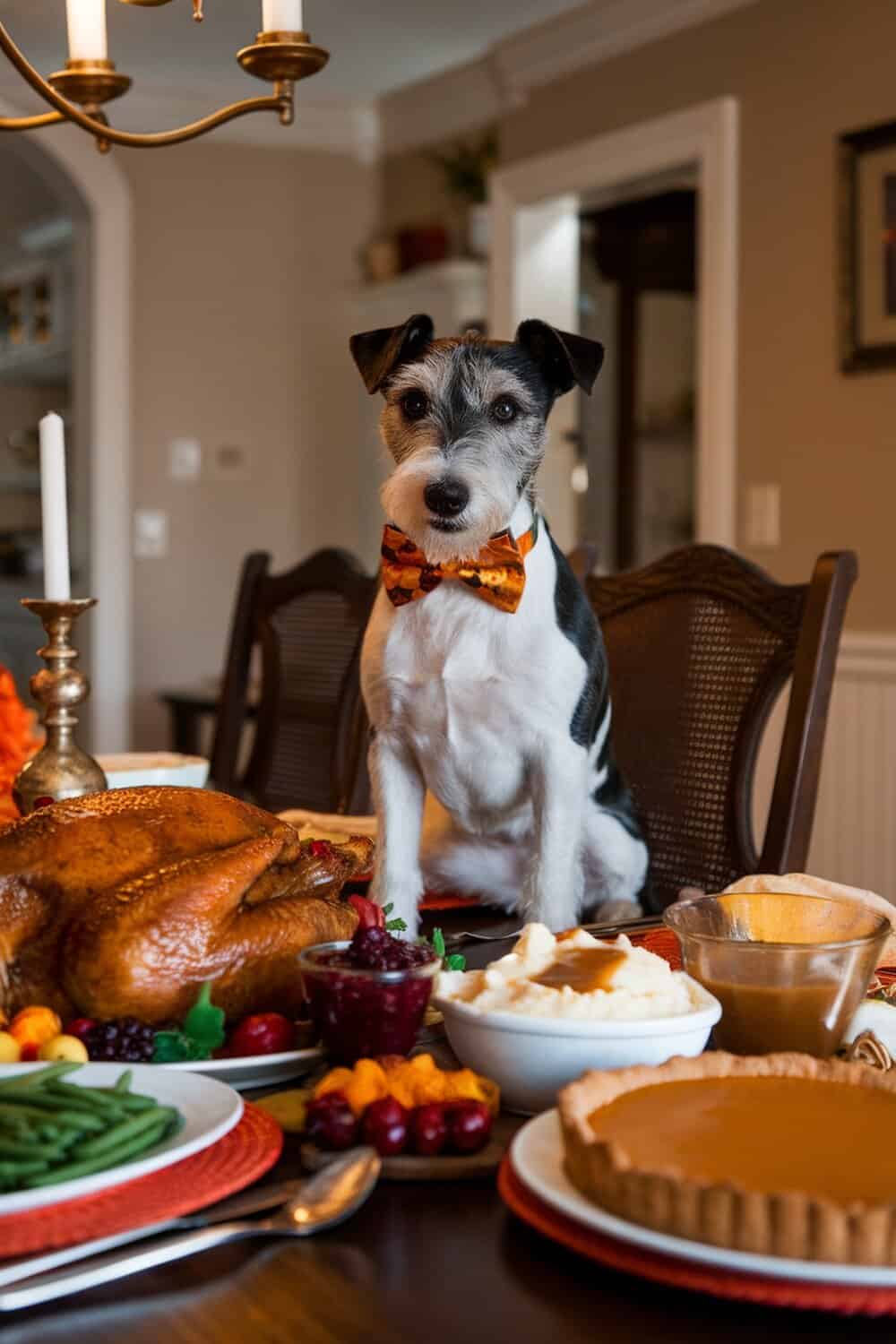 A dog wearing a colorful bow tie sitting at a Thanksgiving dinner table with food.