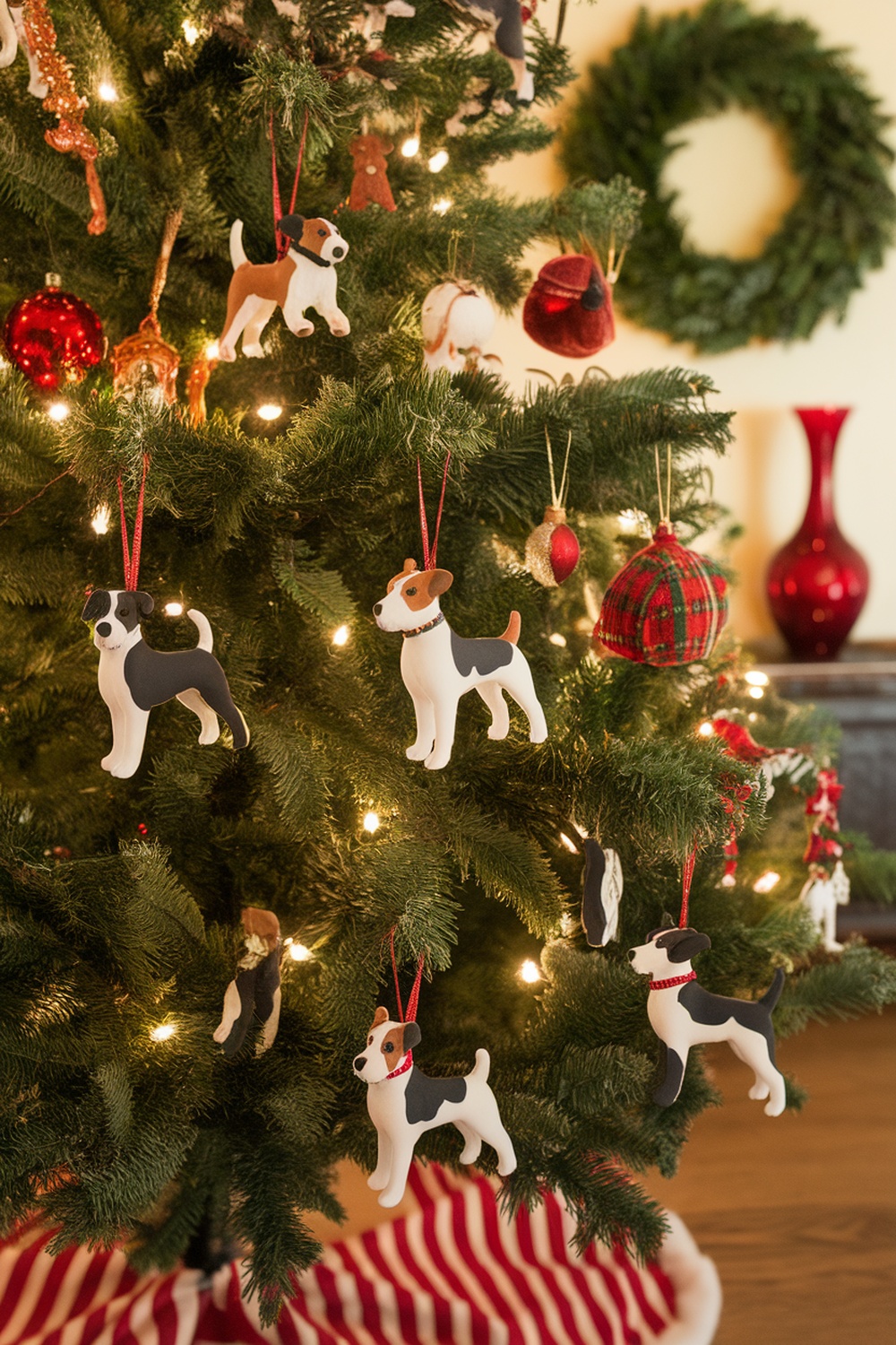 A Christmas tree decorated with various dog-themed ornaments, featuring terrier designs.