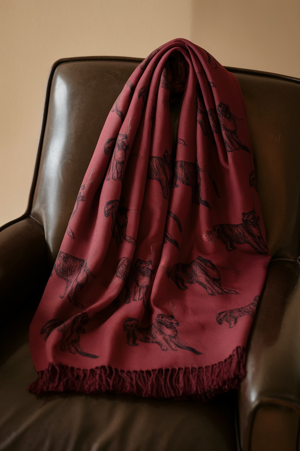 A burgundy scarf with illustrations of various terrier dog breeds.