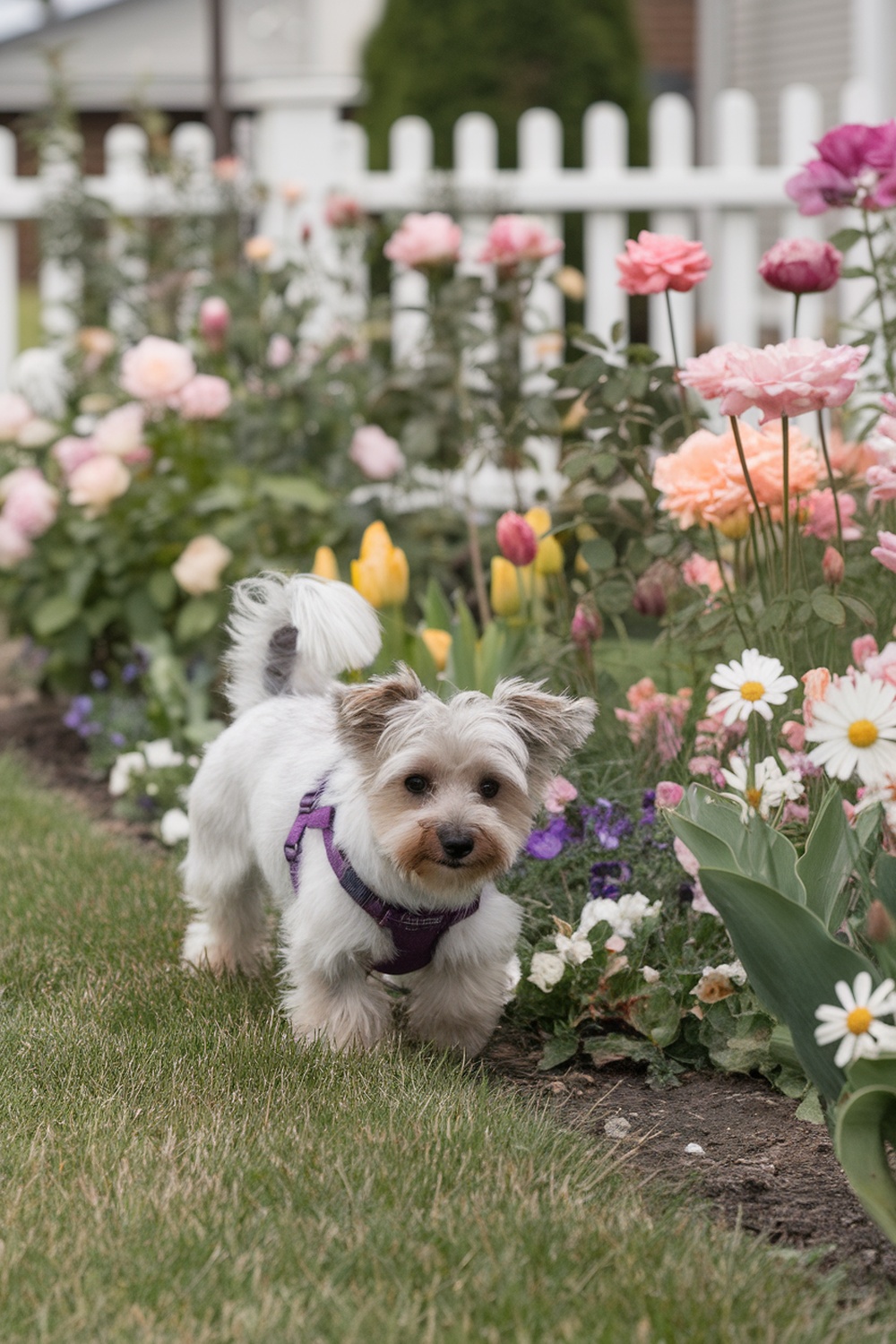 A Cairn Terrier and Dachshund mix dog walking in a garden filled with flowers.