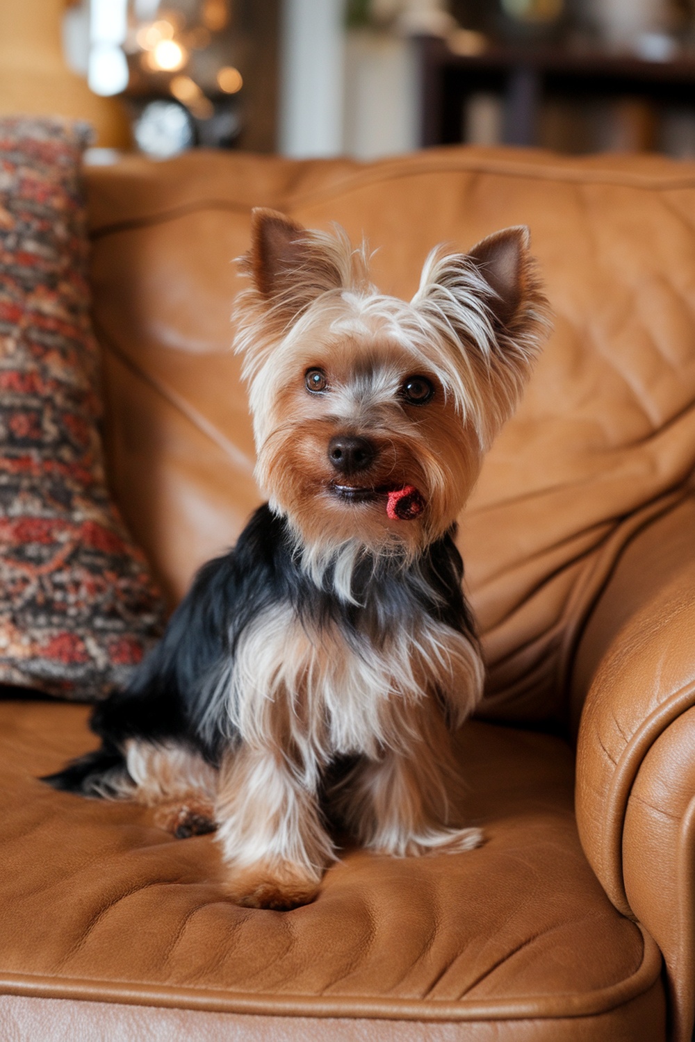 A Yorkshire Terrier mix sitting on a leather couch, looking playful and charming.