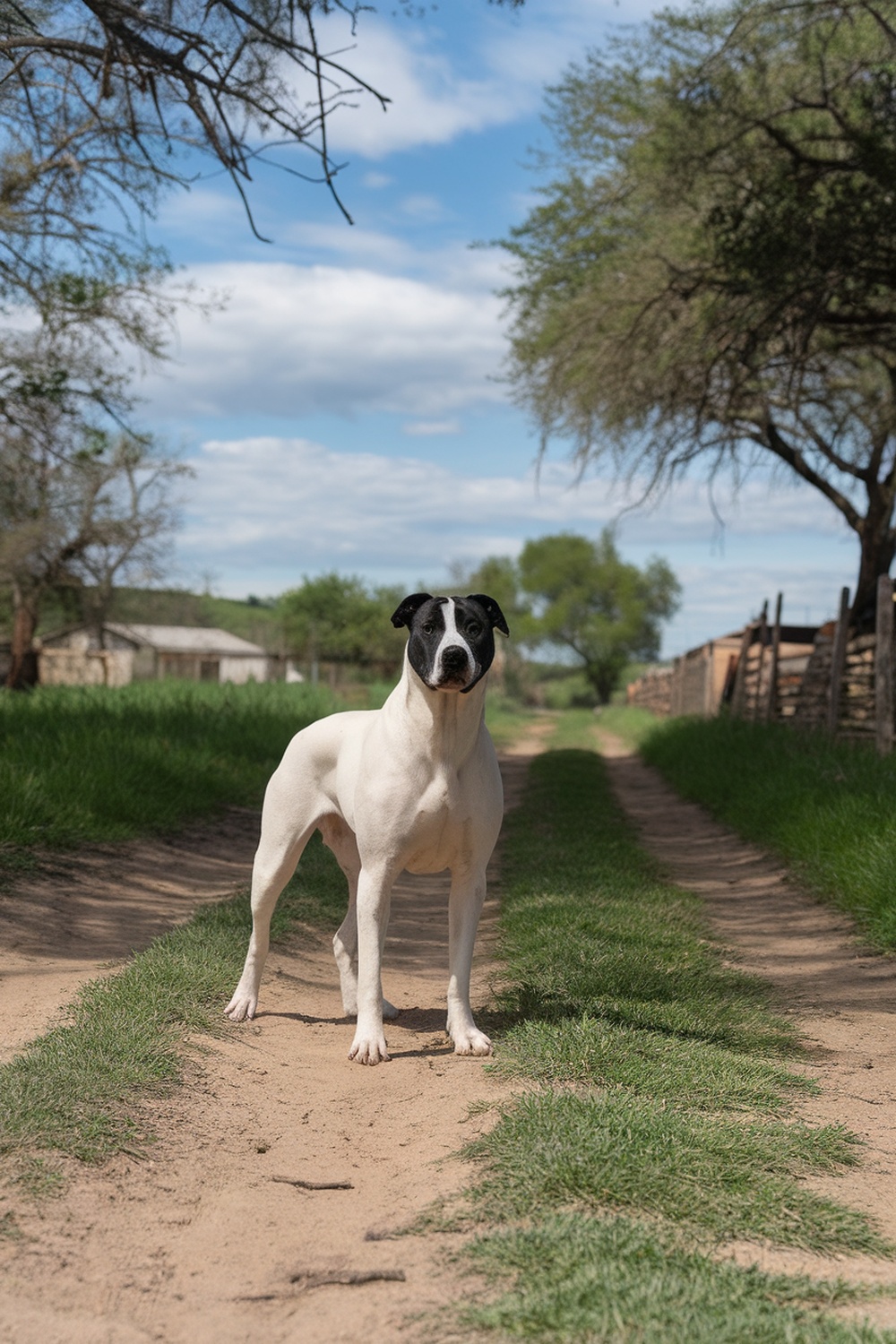 A Dogo Argentino standing confidently on a dirt path surrounded by greenery.