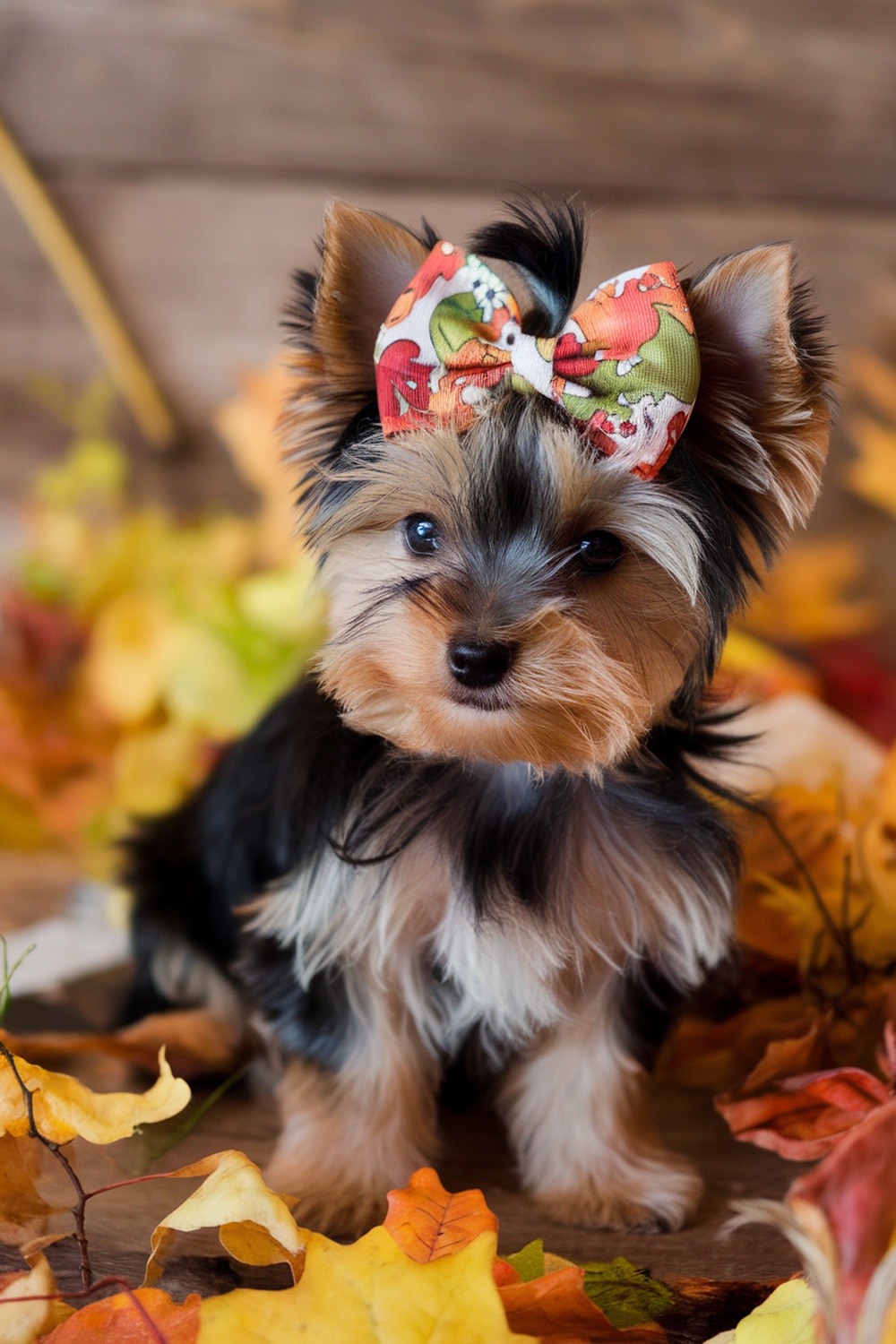 Yorkie puppy with a colorful bow sitting among autumn leaves