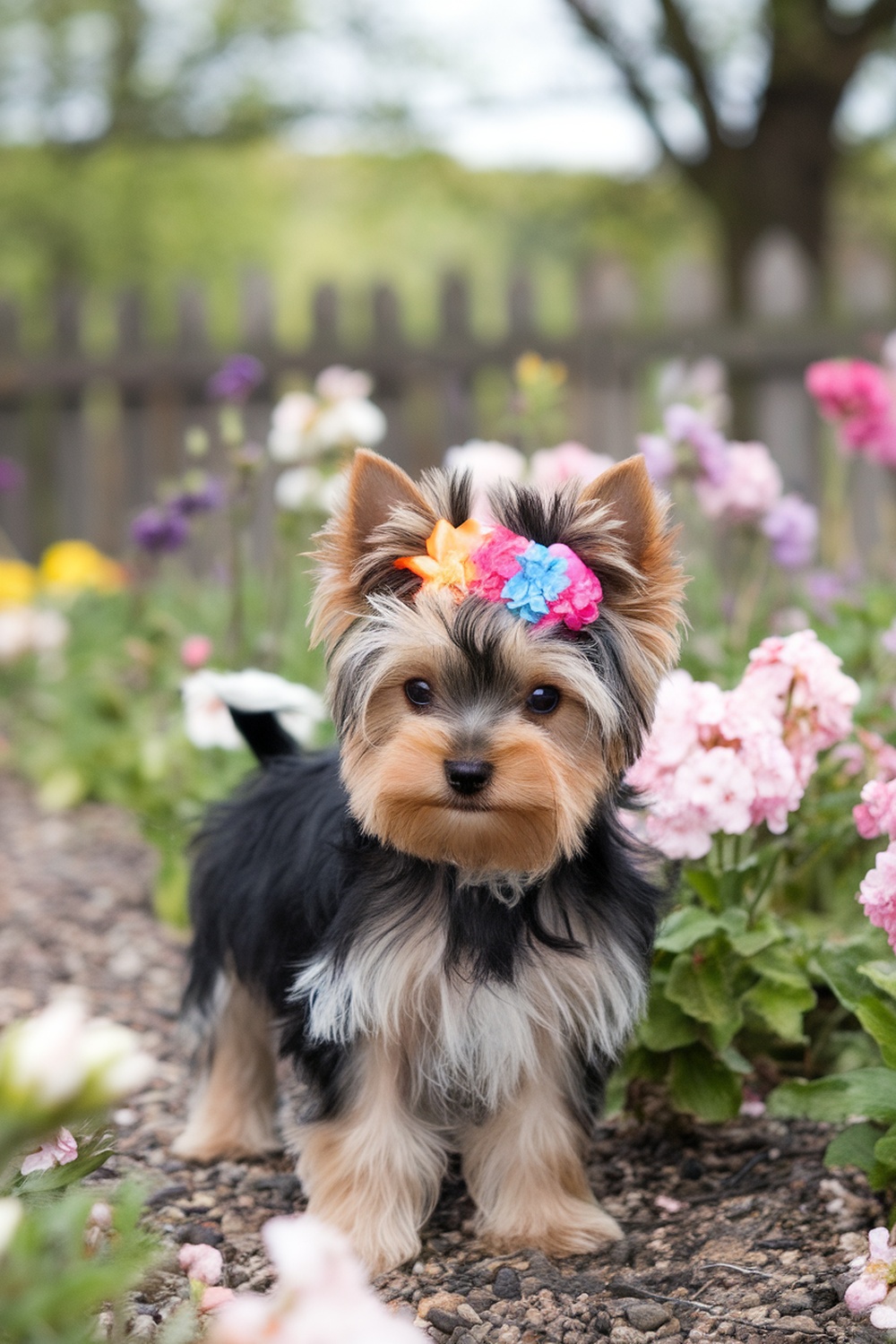 Yorkie puppy with a colorful flower bow in a garden setting.