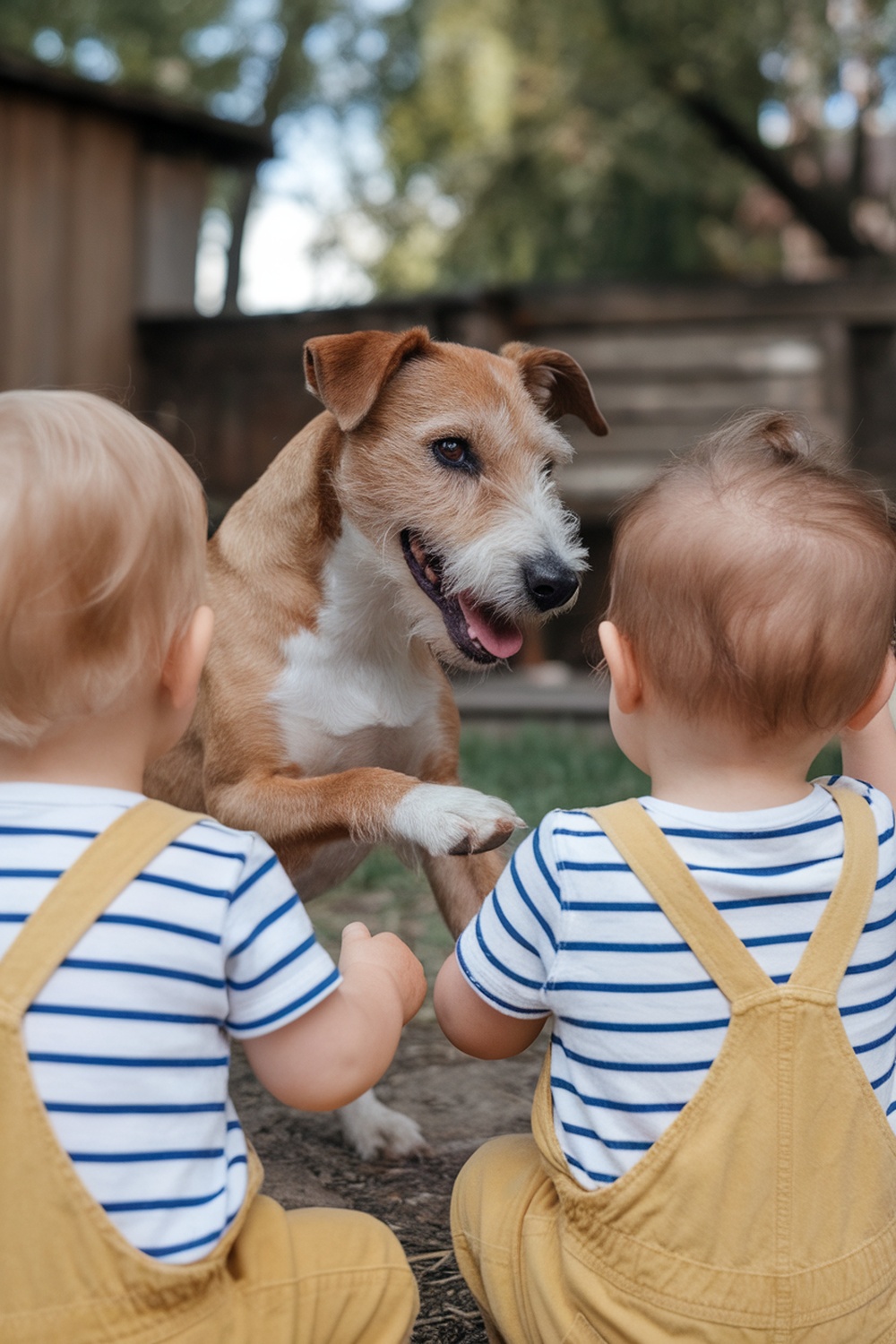 A terrier dog interacting playfully with two young children.