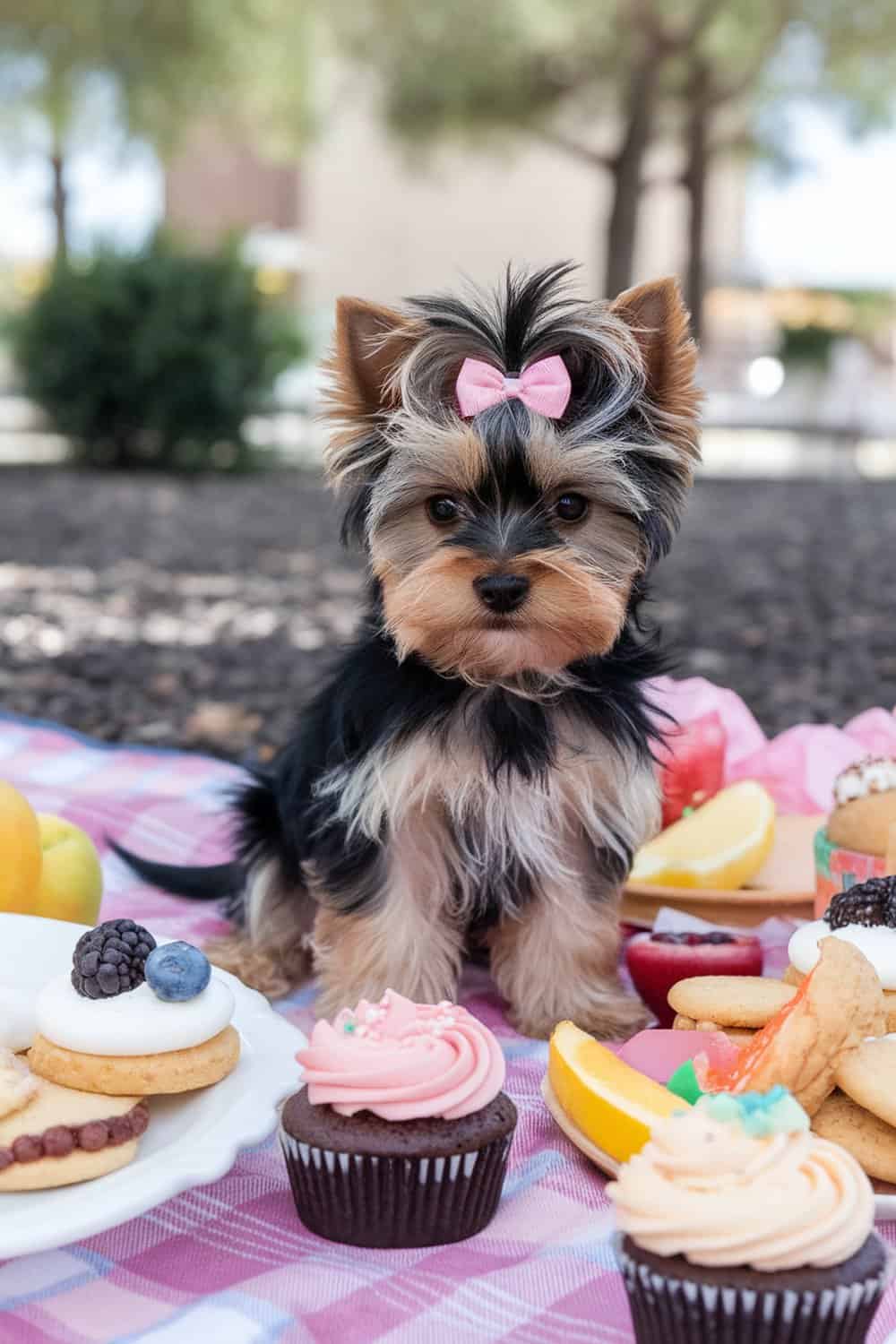 Yorkie puppy with a pink bow sitting on a picnic blanket surrounded by desserts and fruits.